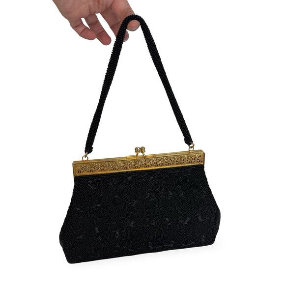 Vintage 1950s Black Beaded Hong Kong Evening Purse Gold Filigree AB Clasp - Picture 3 of 16